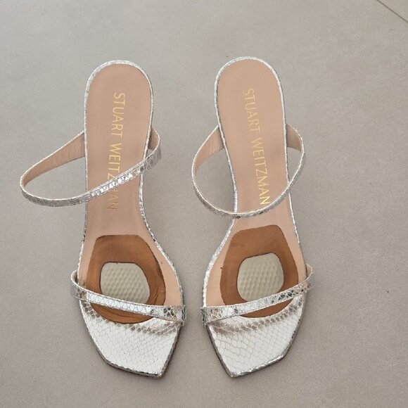 Stuart Weitzman Aleena Sandals In Silver Mini Snake Print - Picture 2 of 7